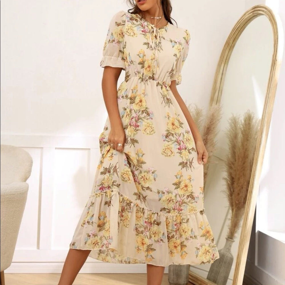 Boho floral print flounce sleeve tie neck maxi dress SOLD OUT - Picture 6 of 6